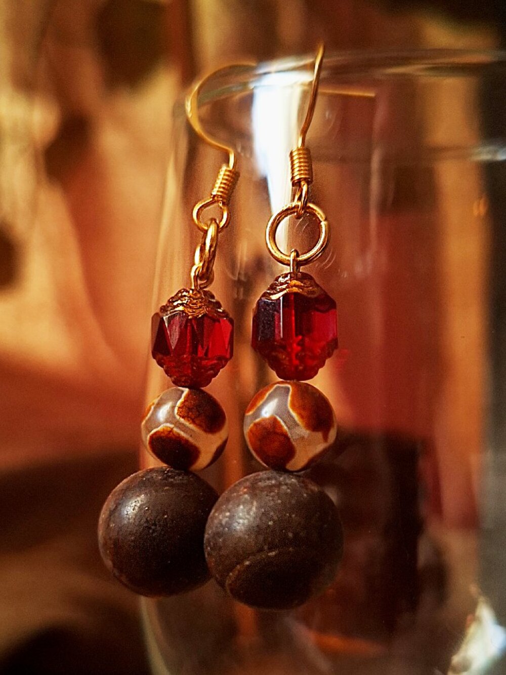 Jasper Agate Dangle Earrings: Czech Glass, 24k Gold-Plated Hooks